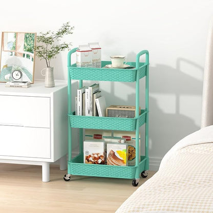 MOYIPIN 3-Tier Plastic Rolling Utility Cart with Handle,Utility Storage Cart for Office, Living Room, Kitchen,Movable Storage Organizer Shelves,Turquoise