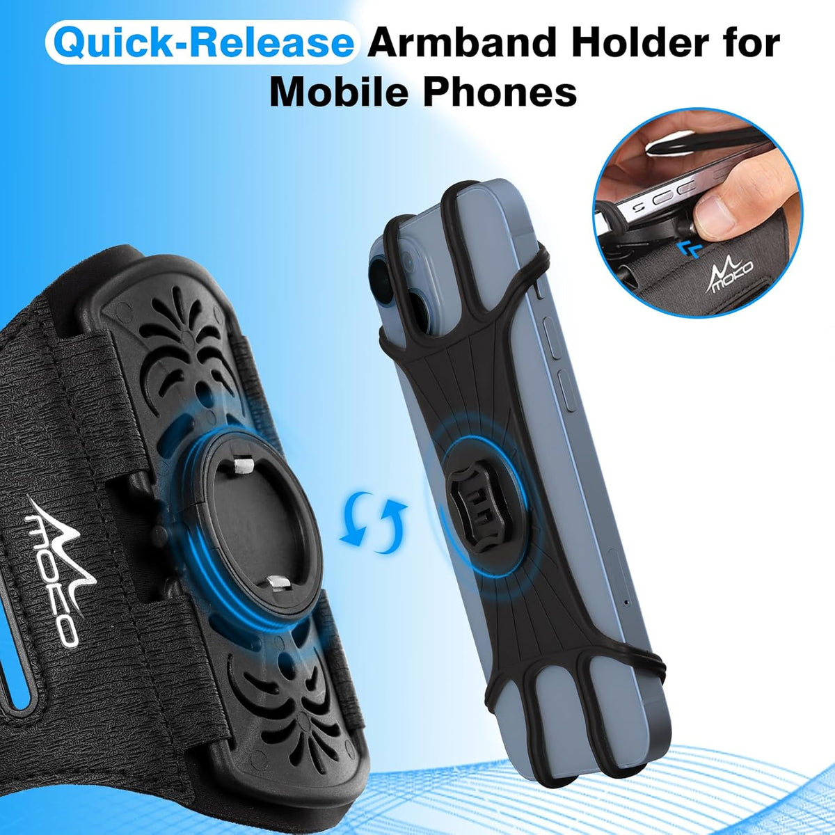 MoKo Running Armband 360°Rotatable for iPhone 16 15 14 13 Pro Max Plus Samsung Galaxy Note S24 S23 Fits Smartphones Over 5.8'', Detachable Armband Phone Holder for Running Biking with Key Holder