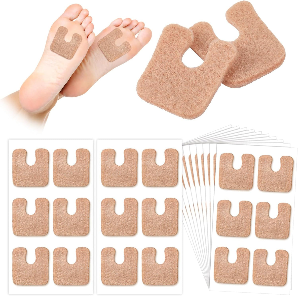 Boao 60 Pcs Callus Pads 1/4" Thick U Shaped Metatarsal Corn Pads Felt Callus Cushions Adhesive Corn Protectors for Men Women Feet Toes Pain Relief Blister Prevention