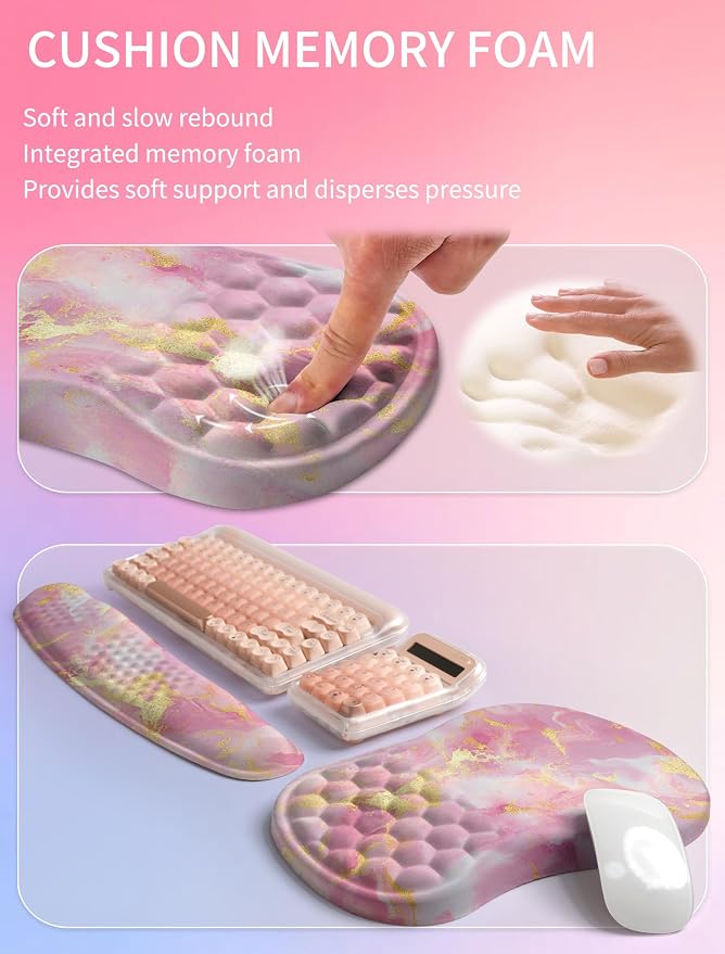 Hokafenle 2in1 Combination, Wave Keyboard Wrist Rest and Ergonomic Curvature Mouse Pad Wrist Support for Relieve Wrist Pain, Filled with Soft Cushion Memory Foam, Golden Pink Marble