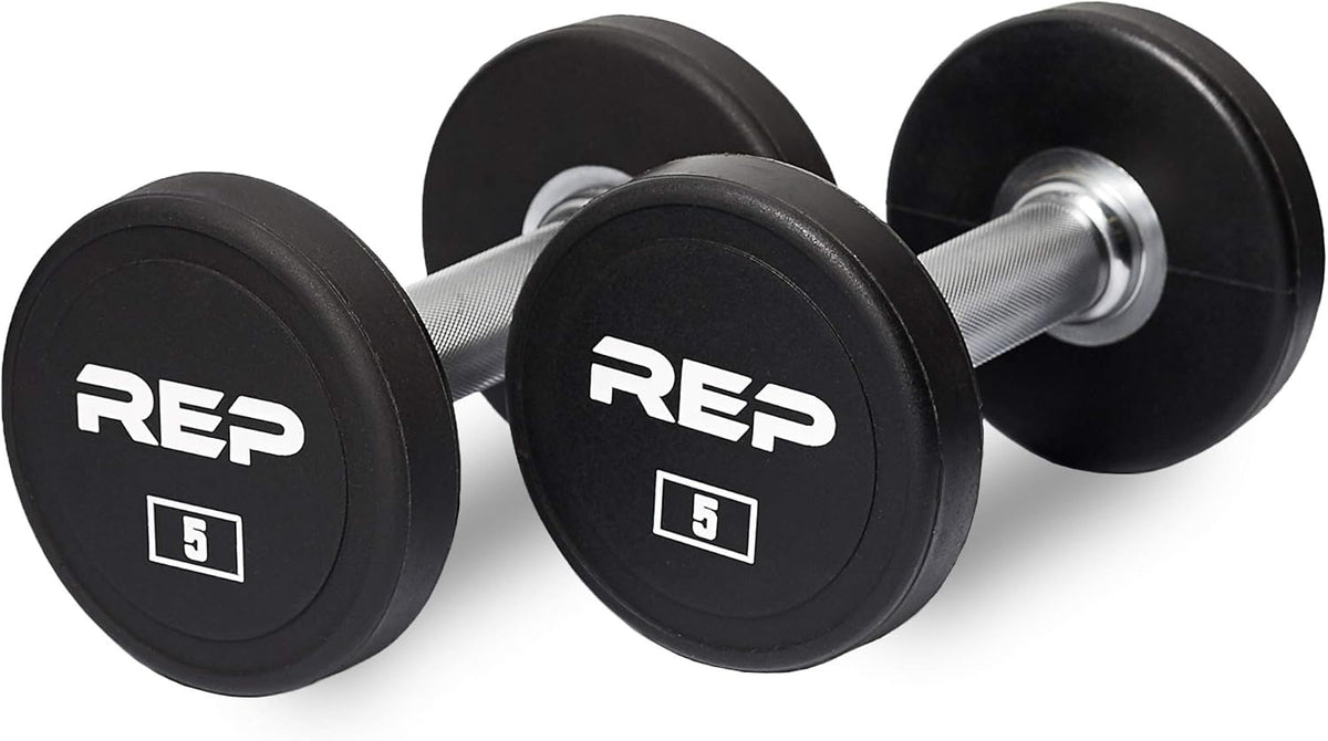 REP Fitness Urethane Coated Round Dumbbells, 5 to 100 lbs, Singles or Pairs, With or Without Rack, Steel Core, Rubber Encased, Chrome Handles, Professional Weights for Home Gym Strength Training