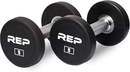 REP Fitness Urethane Coated Round Dumbbells, 5 to 100 lbs, Singles or Pairs, With or Without Rack, Steel Core, Rubber Encased, Chrome Handles, Professional Weights for Home Gym Strength Training