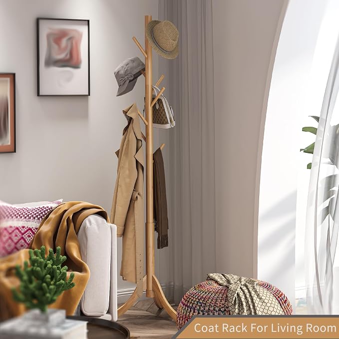 Coat Rack Freestanding, Coat Stands Entryway, Bamboo Coat Rack Hat Hanger 8 Hook for Jacket, Purse, Scarf Rack, Umbrella Tree Stand (Natural)