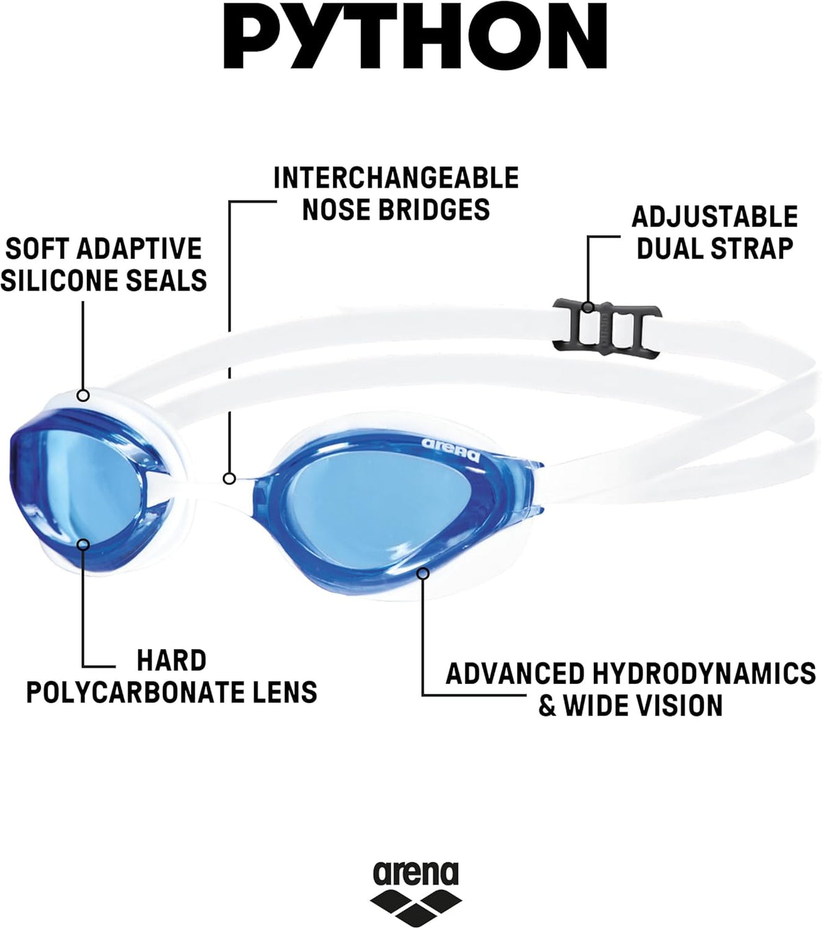 ARENA Unisex Python Racing Swim Goggles for Men and Women Anti-Fog No Leak Max Comfort Dual Strap, Mirror/Non-Mirror Lens