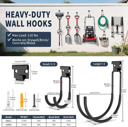 Garage Hooks Heavy Duty, 6pcs 68-110 LB Garage Organization and Storage Wall Hooks for Hanging Ladder/Bike/Power and Yard Tools/Hose, Utility Hook Tool Hangers for Garden/Shed/Apartment
