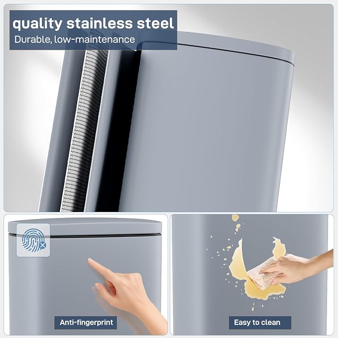 Arlopu 8/13.2 Gallon Step Trash Can, Stainless Steel Garbage Bin, Soft-Close Rubbish Bin with Removable Plastic Inner Bucket, Fingerprint-Proof, Lid Dustbin, Suit for Kitchen Home (Haze Blue, 30L)