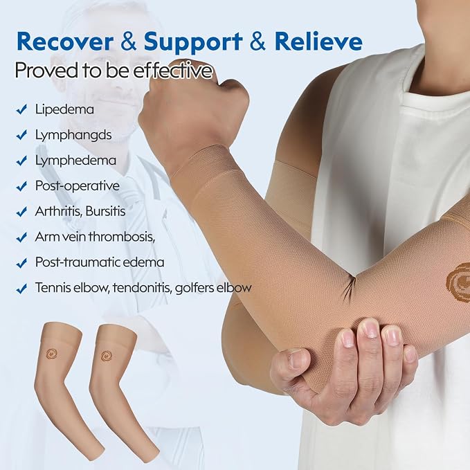 NURCOM Compression Arm Sleeve, 20-30 mmHg, No Silicone, Beige L | For Lymphedema, Lipedema, Pain Relief, Edema, Swelling, Post Surgery Recovery, 2 Pack