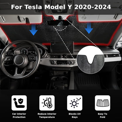 Windshield Sun Shade for Tesla Model Y 2020-2024 - 5-Layer Bubble Accordion Foldable Front Window Shade Sun Visor Accessories - Blocks Heat & UV Rays