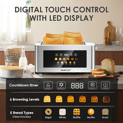 Geek Chef Toaster 4 Slice, 1.5" Touch Screen Extra Wide Slots for Bagels & Waffles, 6 Browning Levels, Timer, Reheat, Defrost, Cancel Function, Auto Shut-Off, Removable Crumb Tray, Stainless Steel