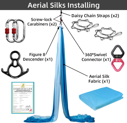 PRIOR FITNESS Aerial Silks Kit Colorful 9/15/20 Yards 40D Nylon Fabric Hammock Set With Hardware & Guide for All Levels Of Aerial Yoga Practice and Acrobatic Flying For Adults Aerial silk