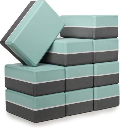 Sunshine Yoga 4" Striped Yoga Block, 10 Pack Bulk EVA Foam Yoga Blocks, Firm and Supportive Yoga Brick, Balance Foam for Stretching, Pilates, and Workout, 4" x 6" x 9"