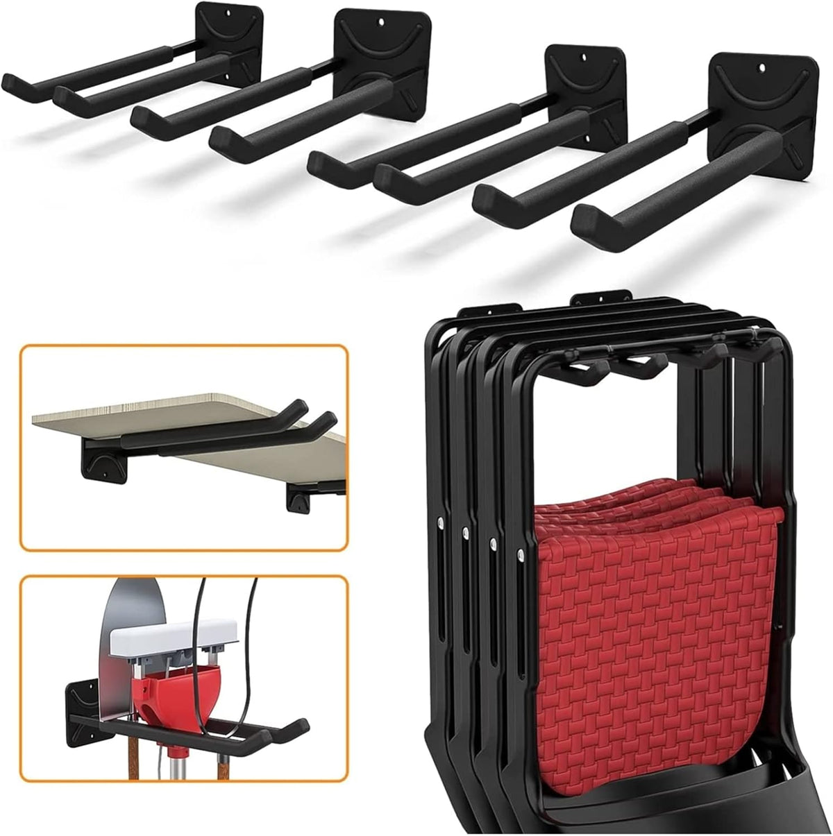 TORACK 4 Pack Garage Storage System Hooks, Heavy Duty Wall Mount Tool Organizer, Chair Hanger Garage Storage Utility Hooks for Car Tires, Ladders, Chairs, Strollers, Power Tools, Garden Tools