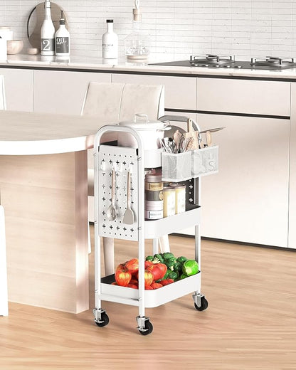 ALVOROG 3 Tier Rolling Cart with DIY Pegboards Metal Utility Cart with Wheels Handles Baskets Hooks, Storage Cart for Office Kitchen Bathroom(White)