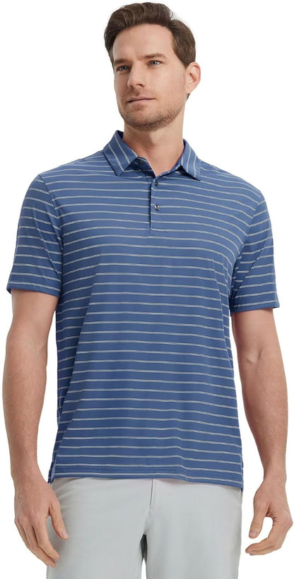 M MAELREG Mens Striped Golf Shirts Short Sleeve Silk-Like Touch Water-Resistant Breathable Soft Collared Polo Shirts for Men