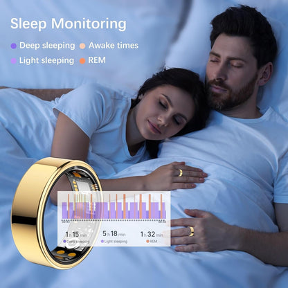 Ring Health Tracker for Women Men, Fitness Tracker with Heart Rate, Blood Oxygen, Sleep Monitor, Calories, Step Counter, IP68 Waterproof Smart Ring for iPhone & Android, No Subscription Fee (Gold, 9#)