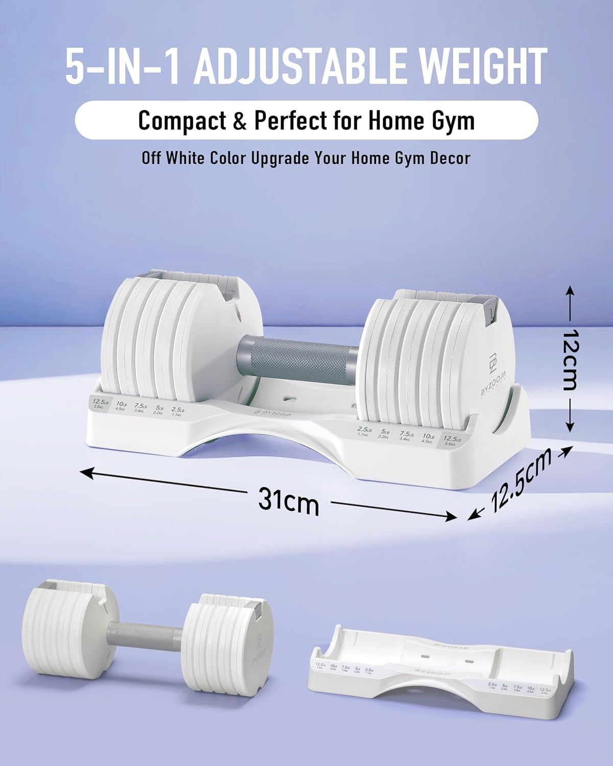 Adjustable Dumbbell – 12.5/25lb Single Unit OR Set of 2 – 5-in-1 Adjustable Weight for Home Gym, Strength Training & Fitness Workouts, White OR Black