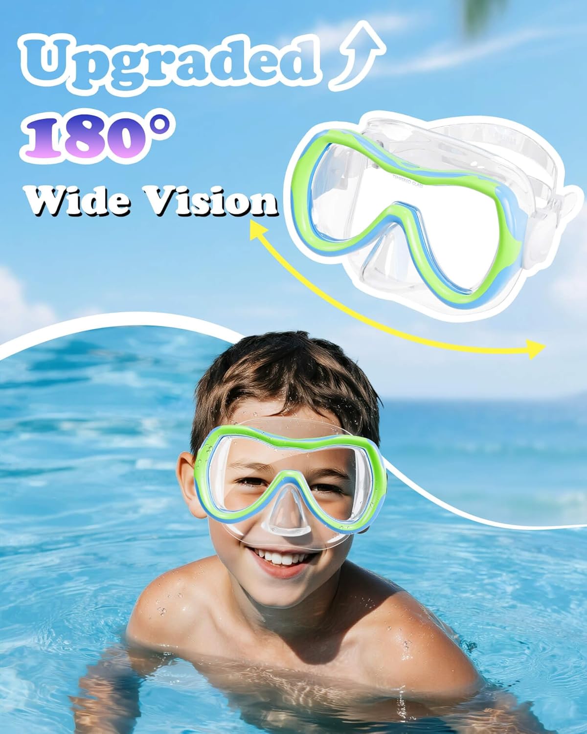 Aegend Kids Swim Mask Goggles, Tempered Glass 180° HD Wide View with Nose Cover