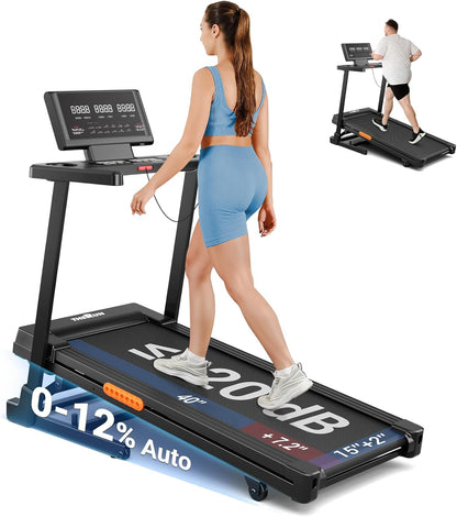 THERUN Treadmill with Incline, 3.0 HP Foldable Treadmills for Home, Brushless Motor Auto Incline Treadmill, 12 Level Adjustable, 300 LBS Capacity, Quiet Running