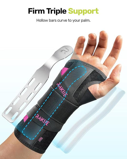 Rakiie Upgraded Carpal Tunnel Wrist Brace, Night Sleeping Support for Arthritis, Sprain & Tendonitis Pain Relief, Flexible 3-Bar Support, Breathable Hand Splint for Typing, Work & Housework, Fit for Men & Women (Pink, Small, Right Hand)