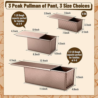 3 Pack Pullman Loaf Pans with Lids, 2.2LB 1LB 0.5LB Bread Pans, Non-stick Carbon Steel Bread Pans for Homemade Sandwich and Baking Sourdough Bread, Corrugated Toast Mold, Golden