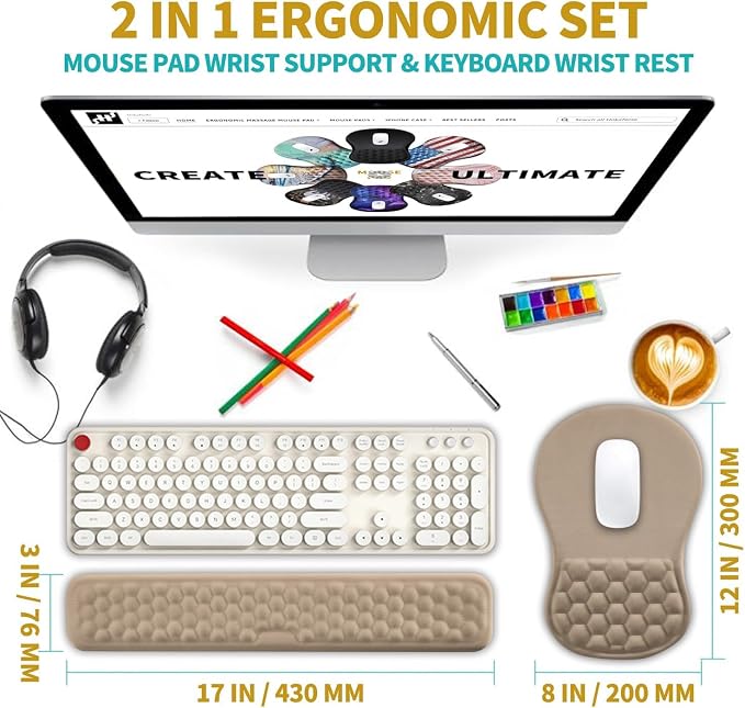 Hokafenle 2 in 1 Ergonomic Mouse Pad Wrist Support & Wrist Rest for Computer Keyboard Set, with Relieve Carpal Tunnel Pain Massage Bulge and Full Memory Gel Design (2In1 Set, Sand Color)