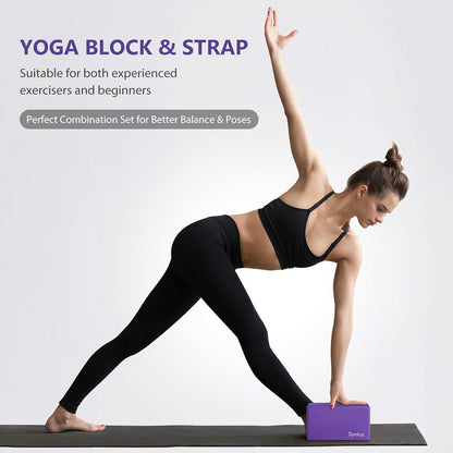 Syntus Yoga Block and Yoga Strap Set, 2 Soft Non-Slip Yoga Blocks 9×6×4 inches, 8FT Metal D-Ring Strap for Yoga, General Fitness, Pilates, Stretching and Toning