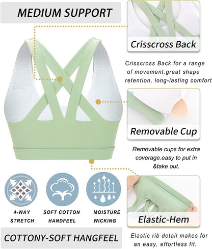 RUNNING GIRL Sports Bra for Women, Criss-Cross Back Padded Strappy Sports Bras Medium Support Yoga Bra with Removable Cups