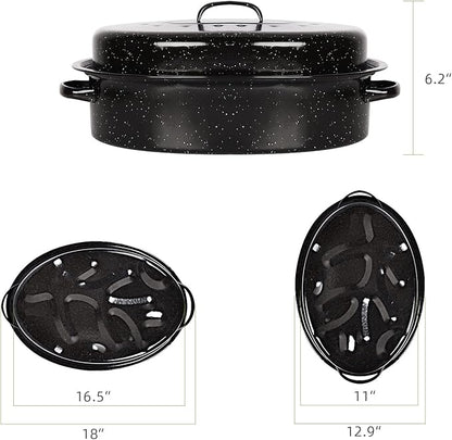 Roasting Pan 18.3 inch Roaster Pan Set Enamel Oven Roaster Pan with Lid for Turkey Chicken Cookware
