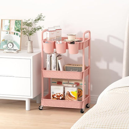 MOYIPIN 3-Tier Plastic Rolling Utility Cart with Handle,Utility Storage Cart for Office, Living Room, Kitchen,Movable Storage Organizer Shelves,Pink with 5 Hanging Cups