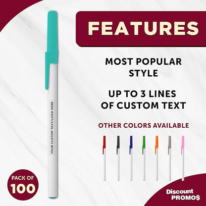 DISCOUNT PROMOS Custom Value Stick Pens Set of 100, Personalized Bulk Pack - Black Ink, Great for Office, School, Business, Tradeshows, Events - Teal