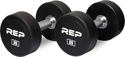 REP Fitness Urethane Coated Round Dumbbells, 5 to 100 lbs, Singles or Pairs, With or Without Rack, Steel Core, Rubber Encased, Chrome Handles, Professional Weights for Home Gym Strength Training