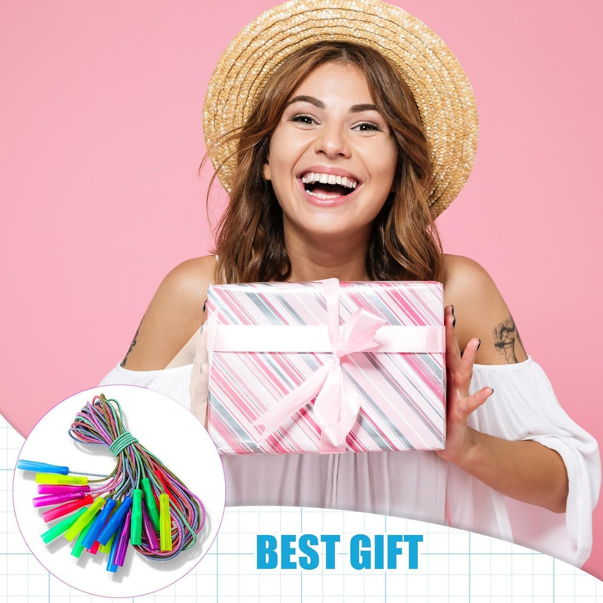 Honoson 100 Pcs Rainbow Jump Rope Bulk Gift for Kids 7.8ft Nylon Stripe Ropes with Handle Adjustable Colorful Party Favor Christmas Item Gift Outdoor Exercise Fitness (Multicolor)