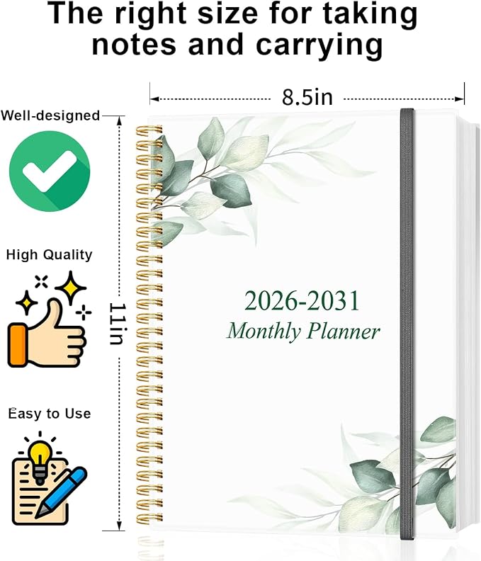 2026-2031 Monthly Planner - 60 Month PLanner Calendar from July 2026 to June 2031, 5 Year Planner 2026-2031 with Flexible Cover, Inner Pocket, Perfect for Home | School | Office, 8.5" x 11", Green Leaf