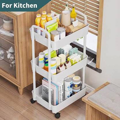 EZ COZY 3 Tier Rolling Cart, Plastic Diaper Cart Organizer with Wheels, Roller Cart for Diapers, Baby Nursery, Kitchen, Bathroom, Living Room and Bedside, White