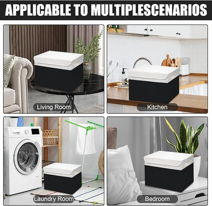 Large 17" 42 Quarts Collapsible Stackable Storage Bins with Lids [3-Pack] Foldable Fabric Linen Storage Boxes Cube, Closet Organizer Baskets with Label for Home (16.7 x 12 x 12", Black & White)
