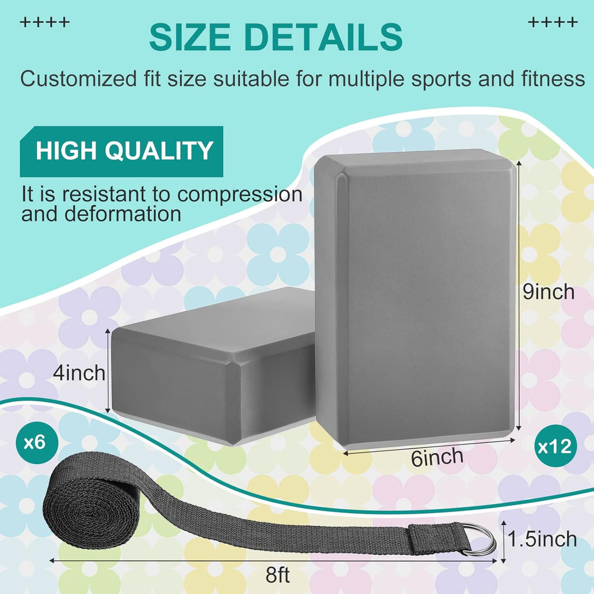 Meooeck 18 Pcs Yoga Block and Strap Set 9 x 6 x 3 Inch EVA Foam Non Slip Brick 8 ft Yoga Straps for Stretching D Ring Design for Back to School Pilates Fitness Workout Exercise