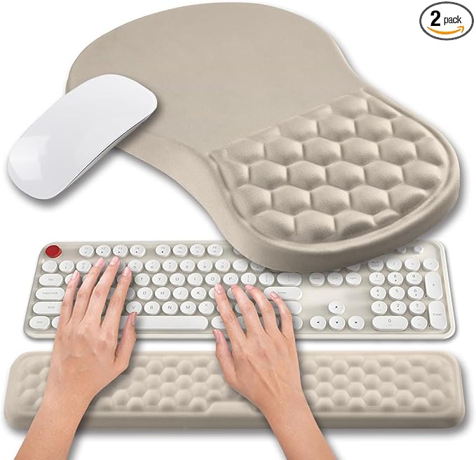 Hokafenle 2 in 1 Ergonomic Mouse Pad Wrist Support & Wrist Rest for Computer Keyboard Set, with Relieve Carpal Tunnel Pain Massage Bulge and Full Memory Gel Design (2In1 Set - Apricot)