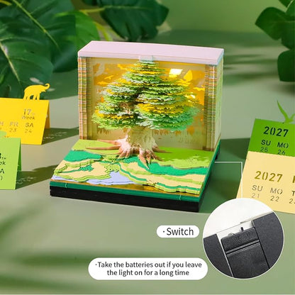 3D Time Piece Calendar, 2027 Desk Calendar With LED Light, 3d Tree Memo Pad Creative Desk Calendar, Christmas Gift for Colleague Friend, Desktop Decoration(Lucky tree)