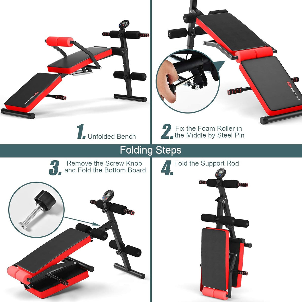 Goplus 6 in 1 Adjustable Sit Up Bench, Foldable Utility Weight Bench w/LCD Monitor, Flat/Incline/Decline Exercise Multi-Purpose Bench for Home, Gym and Office