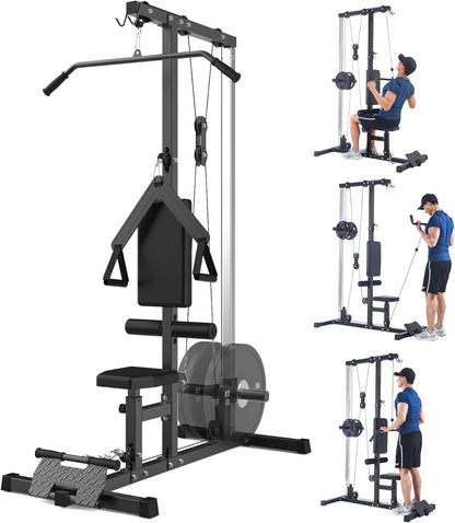 LAT Pulldown Machine, Multi-Functional Cable Machine with High and Low Pulley Station, Row Cable Machine Home Gym with Leg Support, Tricep Workout Equipment