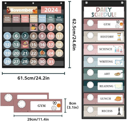 Monthly Calendar Pocket Chart for Classroom, Printed Days of The Week with Cards, Learning for Home or Kindergarten, Teacher Must Have Supplies That Fits Any School Décor (Black Calendar+Daily Schedule)