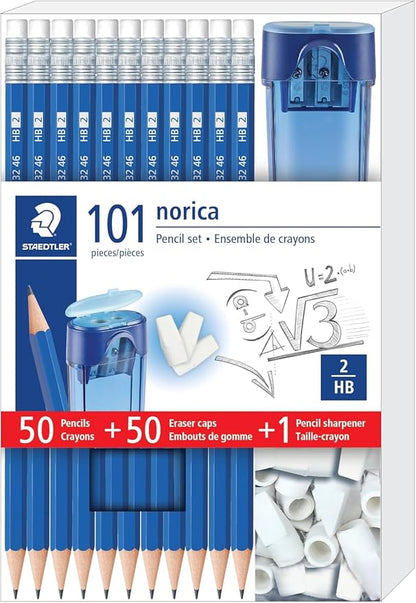 STAEDTLER Norica Pencil Set, 50 Pencils + 50 Eraser Caps + Sharpener 4 Pack
