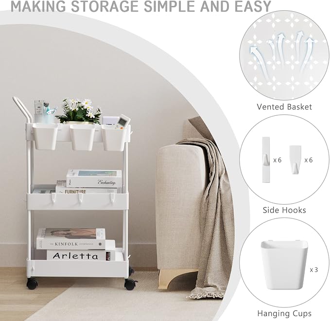 danpinera Storage Cart on Wheels, 3 Tier Slim Laundry with Wheels Bathroom Organizer with Hanging Cups Hooks Dividers Handle Mobile Rolling Art Cart for Bathroom Kitchen Narrow Places, White