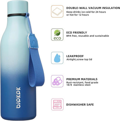 BJPKPK 18oz Insulated Water Bottle, Stainless Steel Bottle with Carry Strap | Keep Cold & Hot Vacuum Insulation, Leak-Proof BPA-Free Design, Slim Bottle Fits Most Cup Holders for Gym, Office & Travel
