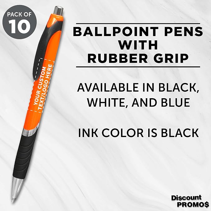 DISCOUNT PROMOS Ballpoint Pens With Rubber Grip - 10 pack - Customizable Text, Logo - Black Ink Ball Point Pen with Soft Touch Plastic - Orange