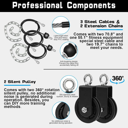 SERTT Weight Cable Pulley System Gym, Upgraded Cable Pulley Attachments for LAT Pull Down, Biceps Curl, Tricep, Arm Workouts - Home Gym Add On Equipment