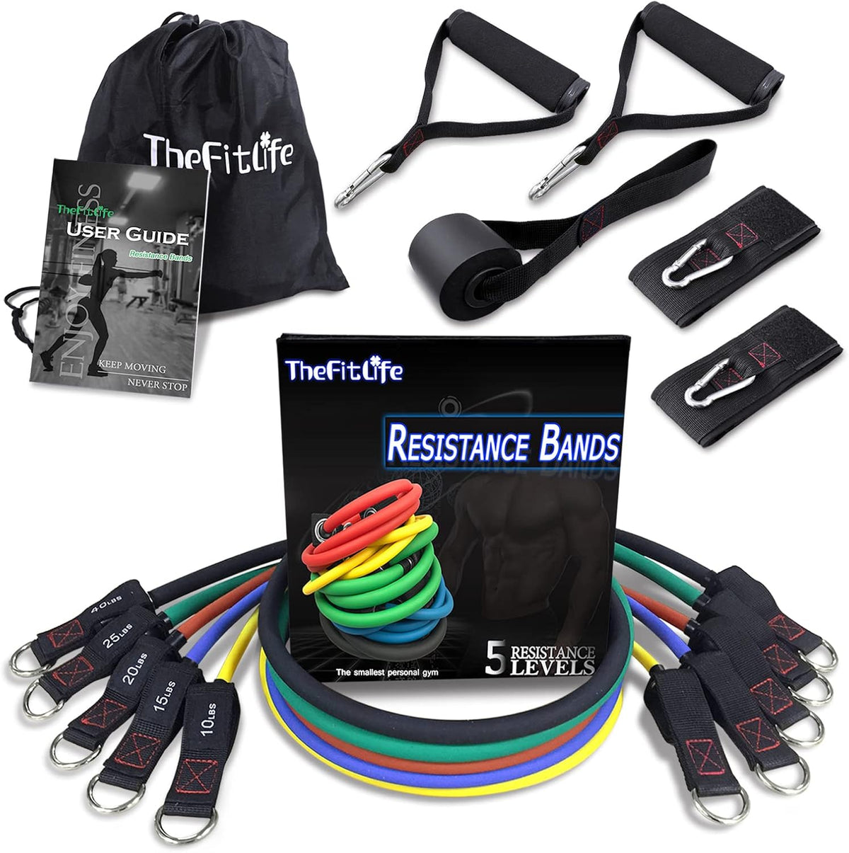 TheFitLife Resistance Bands with Handles - Designed for American Body Types, Exercise Workout Tubes for Men, Women, Includes Large Handles, Ankle Straps, Door Anchor, Fitness Levels