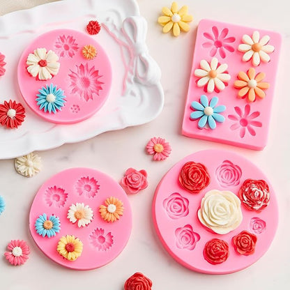 Puyeipt 4 Pcs Flower Silicone Fondant Molds, Daisy Rose Flower Chocolate Candy Molds for Cupcake Topper, Cake Pop Decoration and Clay Craft Making