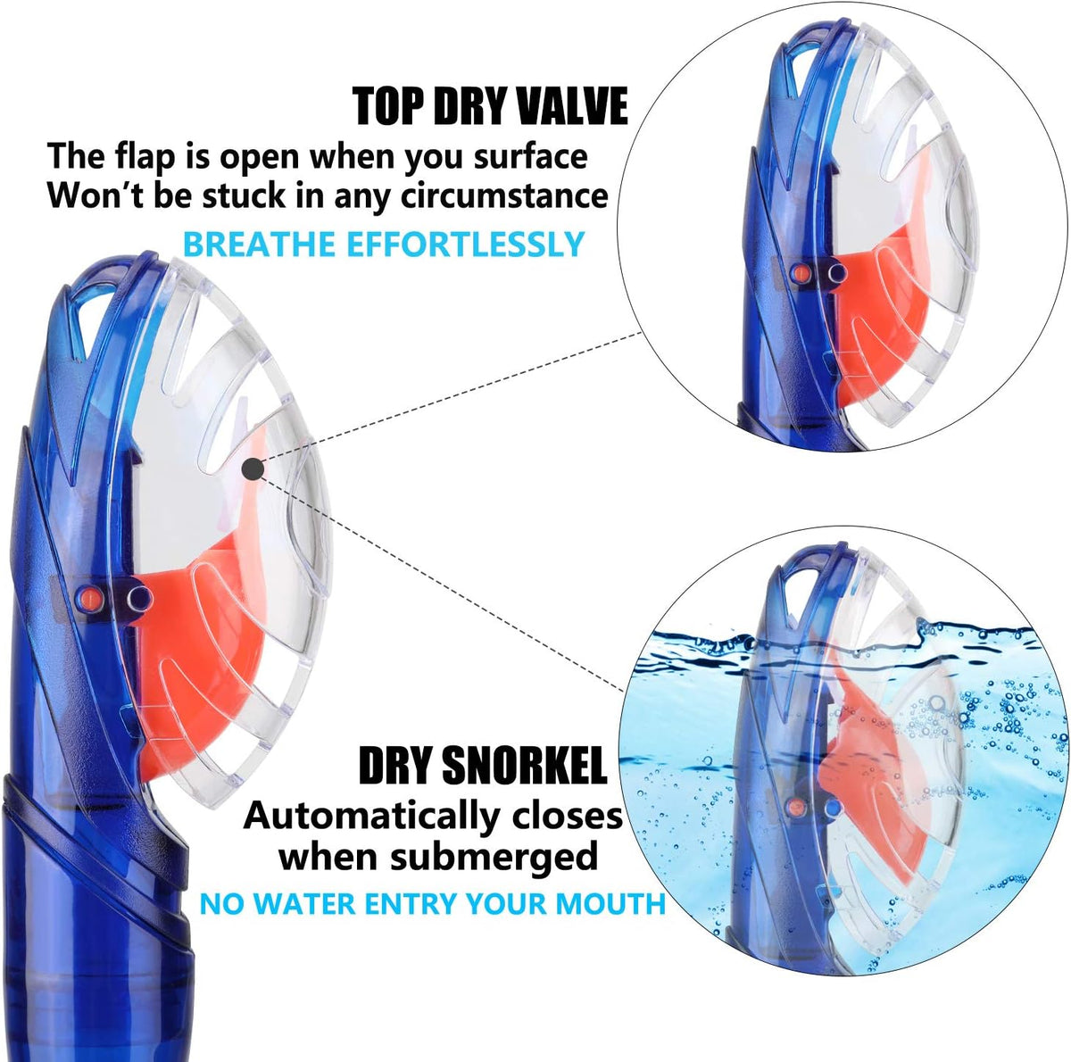 Aegend Dry Snorkel, Dive Mask Easy-Breath Free Diving Snorkel for Snorkeling Scuba Diving Freediving Swimming, with Top Dry Valve and Food-Grade Silicone Mouthpiece