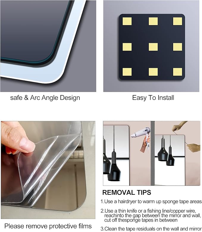 Shatterproof Full Length Mirror Tiles, Mirror for Wall, Full Body Mirrors for Kids, Thick 0.125", 4 Pcs 16"x16", Made of Frameless Plexiglass Acrylic Plastic, Wall Mounted for Home Gym, Door, Bedroom